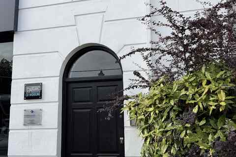 a black door with a plant in front of it