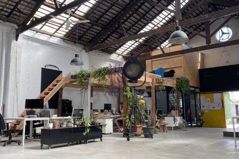 a room filled with furniture and a fireplace