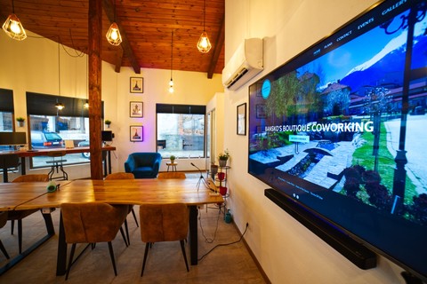 a room with a large screen