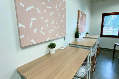 a room with a wooden table