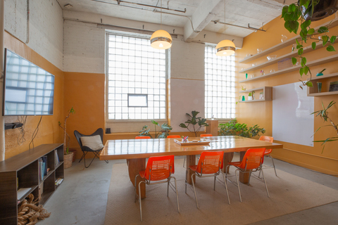 a large room with tables and chairs