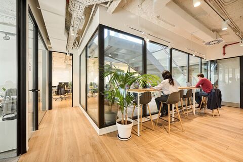 a dining room table in front of a building