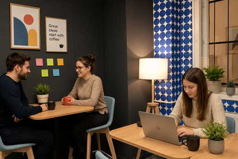 a group of people sitting at tables with laptops