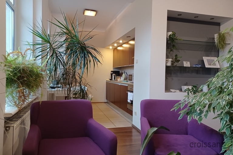 a room with purple chairs and a plant