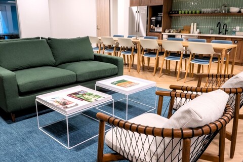 a living room with a leather chair