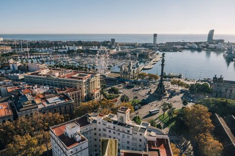 a city with a body of water and a statue