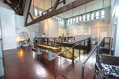 a kitchen with a table in a room