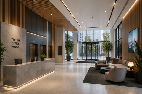 a lobby with a reception desk and chairs