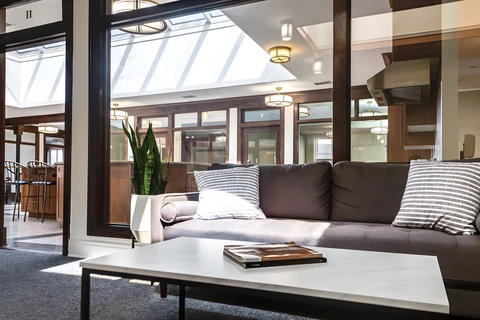 a couch and coffee table in a room
