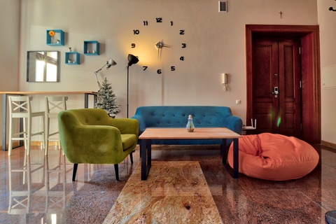 a room with a couch and a coffee table