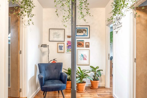 a chair sitting in front of a door