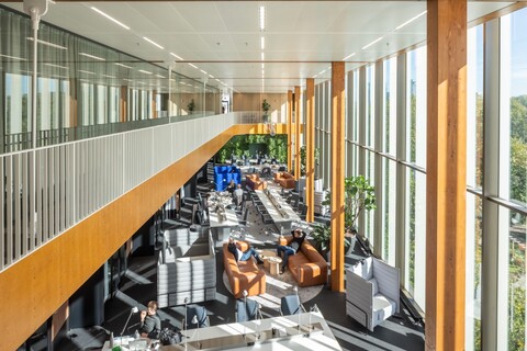 a group of people in a library