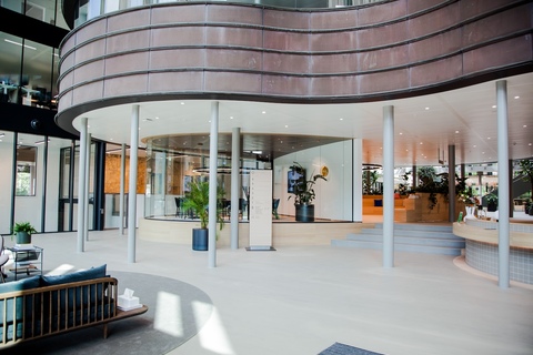 a dining room table in front of a building