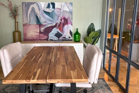 a table and chairs in a room