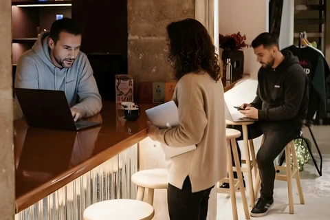 a group of people standing at a bar