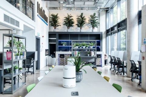 a white table with green chairs in a room with windows
