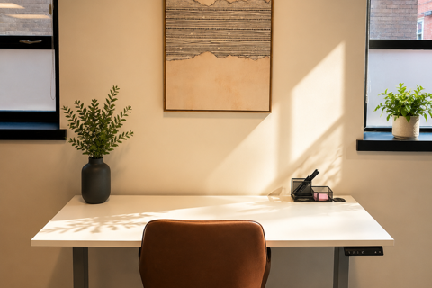 a chair and a table with a plant on the wall