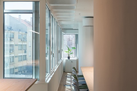 a room with a large window