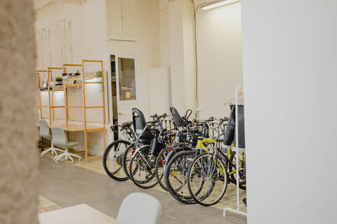 a bicycle parked in front of a building