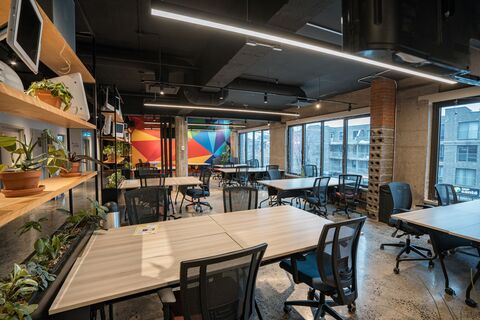 a room with tables and chairs