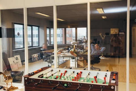 a kitchen with a large window