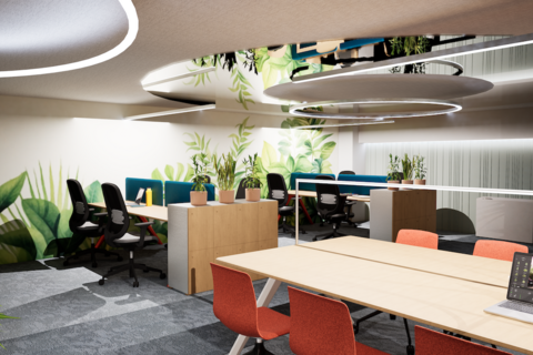 an office with a desk and chair in a room