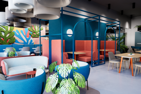 a room filled with furniture and a blue chair
