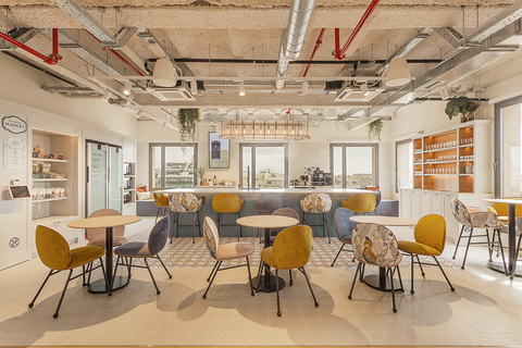 a dining room table in front of a building