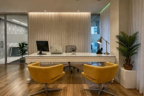a desk with two chairs and a computer