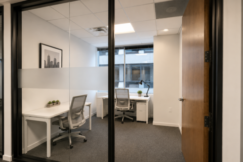 a room with a glass door and a desk