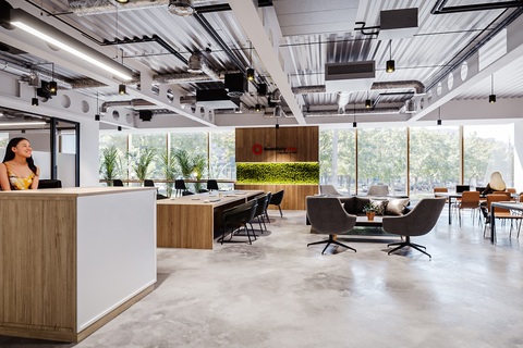 a room filled with furniture and a table in front of a building