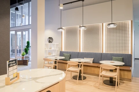 a room with tables and chairs