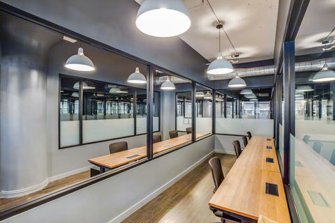 a room with a large mirror