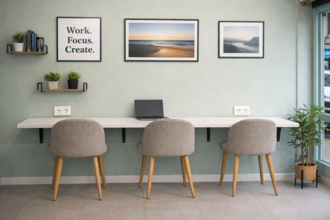a living area with a desk and chair in a room