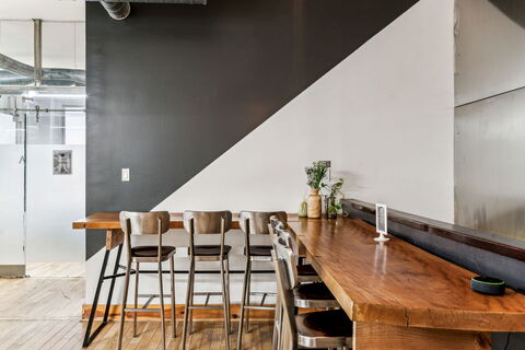 a dining room table in front of a building
