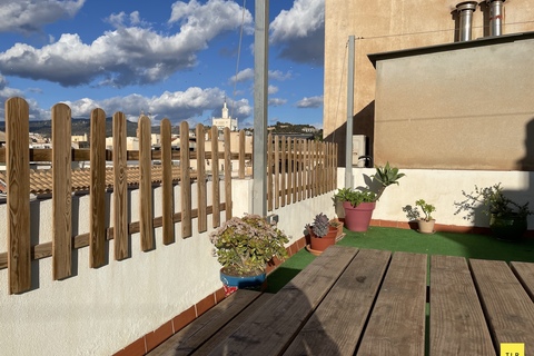 a wooden deck with plants on the ground