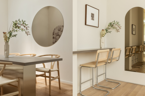 a room with a sink and a mirror