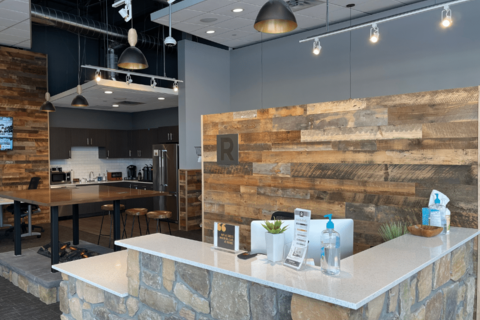a table topped with lots of counter space and a building