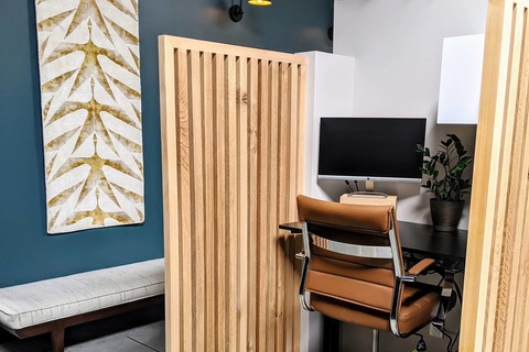 a chair sitting in front of a door