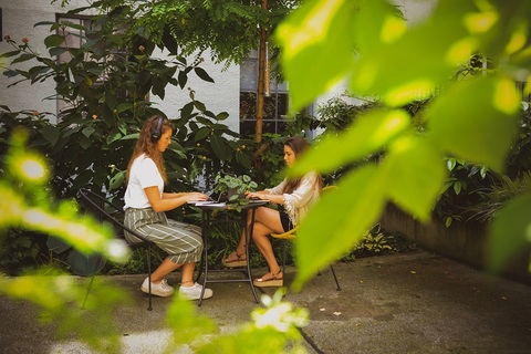 a person sitting on a bench next to a tree