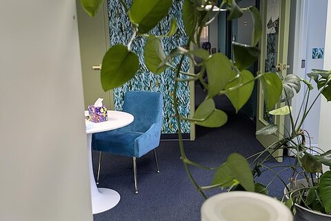 a room with a table and chairs and a plant